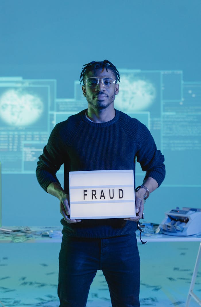 about-01 Adult man holding a 'fraud' sign in a technological setting, suggesting cybercrime.